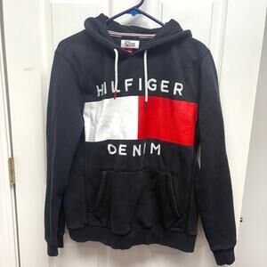 Hilfiger Denim, Red White Blue Logo Sweatshirt, Navy Blue Hoodie, Unisex Size M